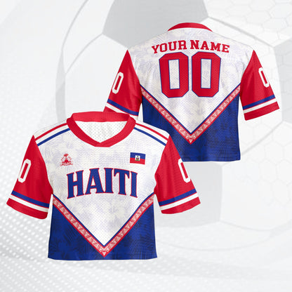 Red haiti football jersey close up of fabric and print