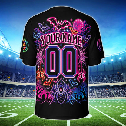 Back view of custom football jersey showing neon graveyard design with personalized name and number