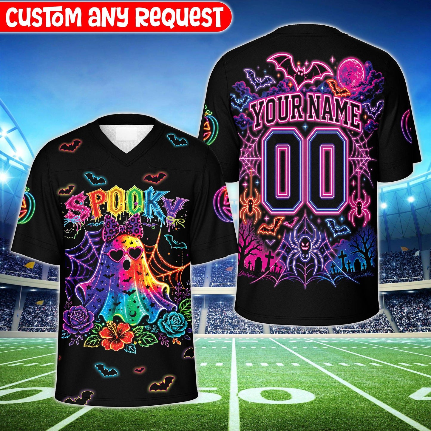 Close-up front view of personalized football jersey with neon ghost and halloween theme