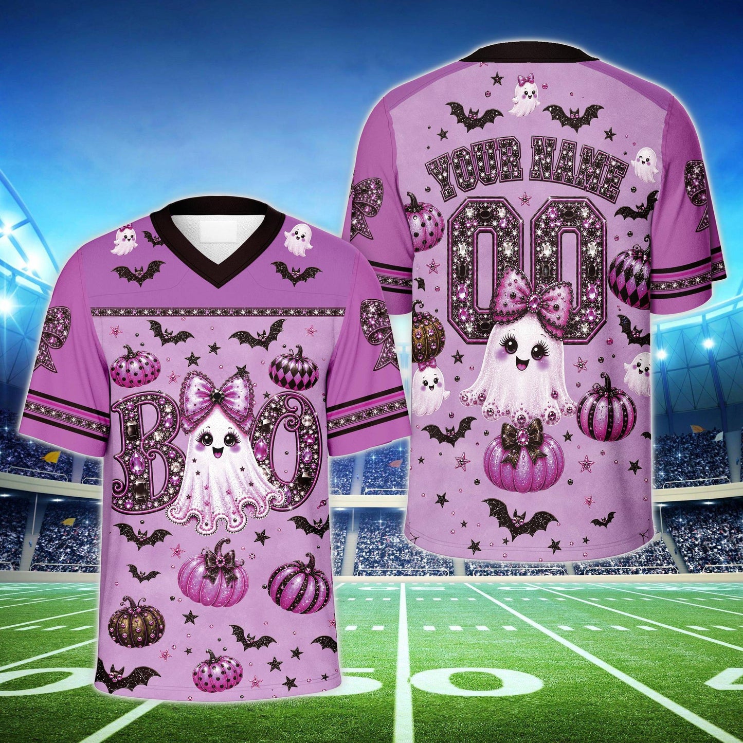 Front view of cute boo ghost football jersey for halloween