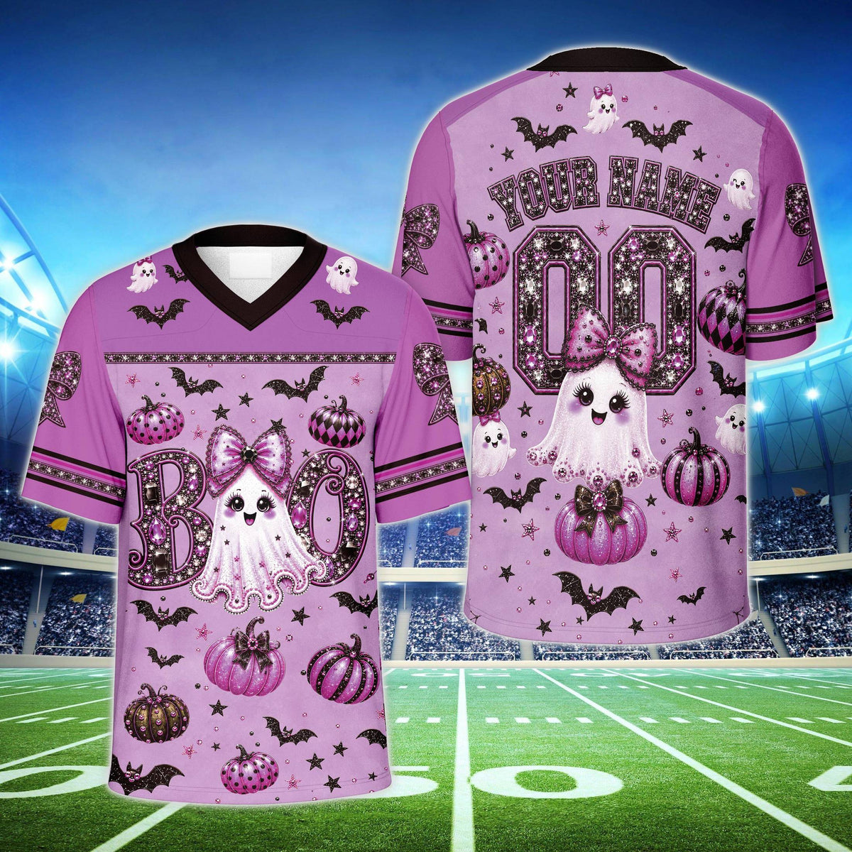 Front view of cute boo ghost football jersey for halloween