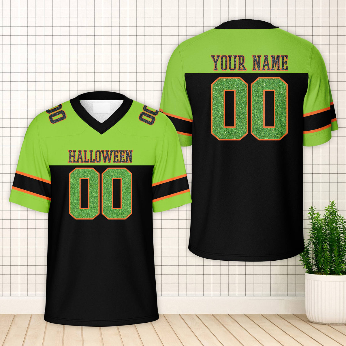 Personalized green and black halloween football jersey front view