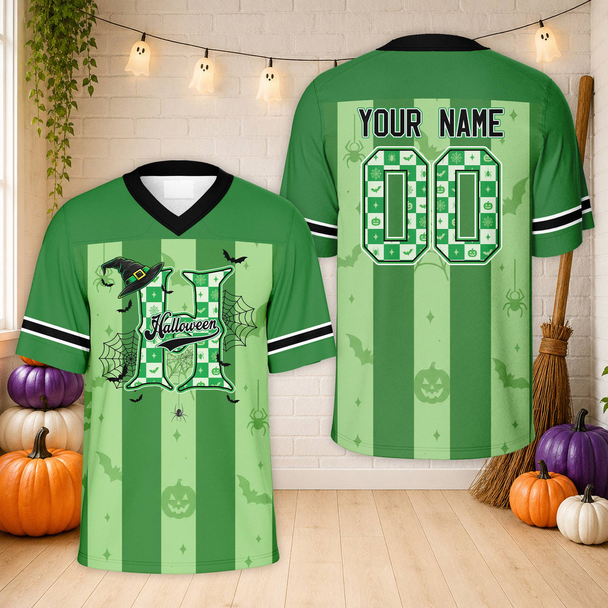 Personalized green Halloween football jersey with custom name and number, front view