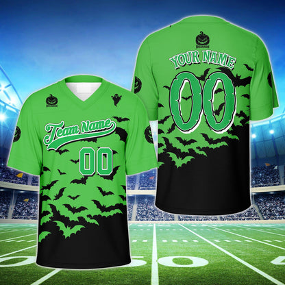 Front view of the personalized holiday football jersey in green with bat transition design