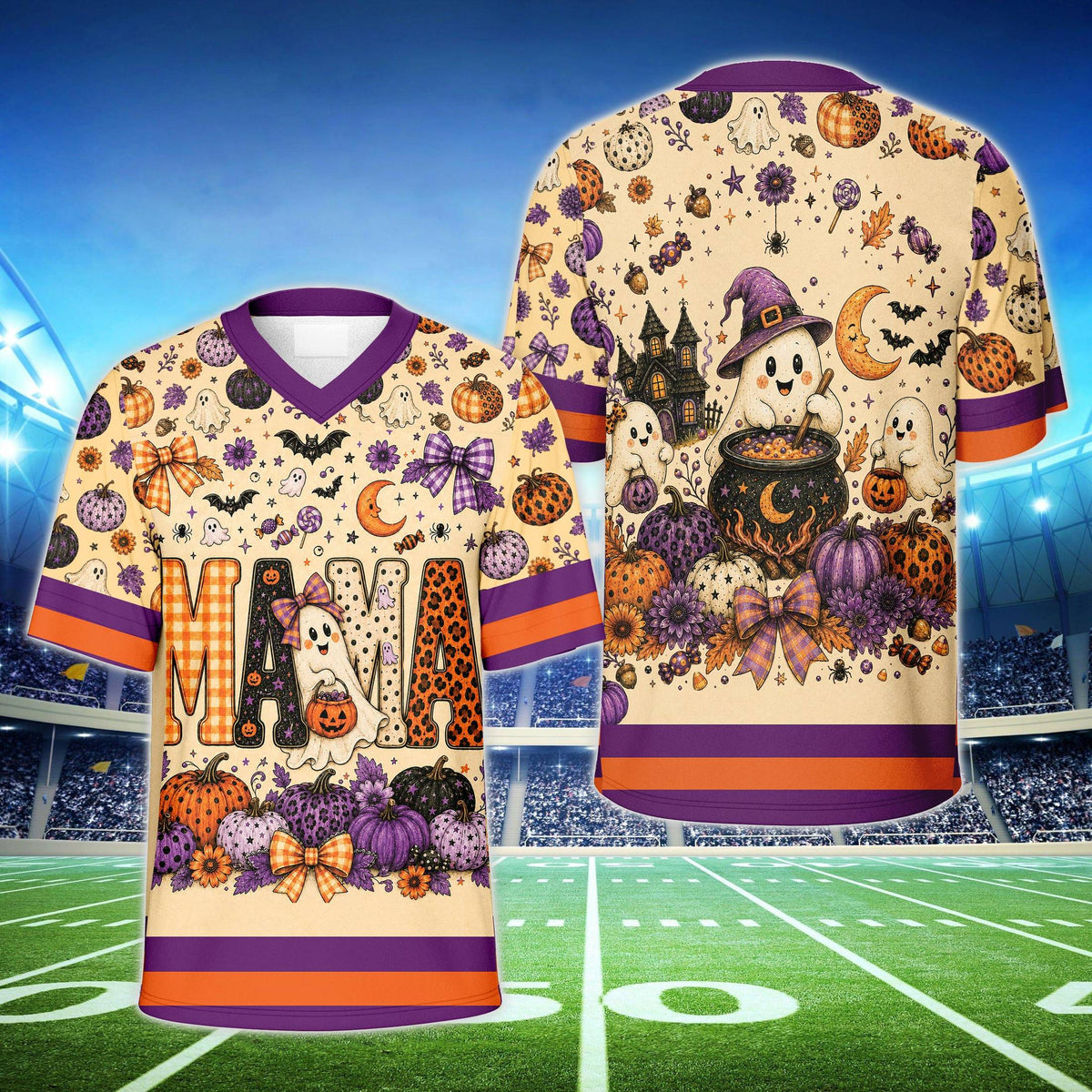 Halloween themed football jersey with name, beige front view with MAMA leopard design