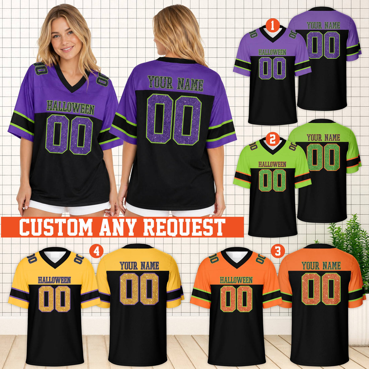 Lifestyle view of the custom two-tone halloween football jersey in multiple colors