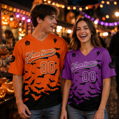 Lifestyle view of a person wearing the personalized holiday football jersey with Halloween theme