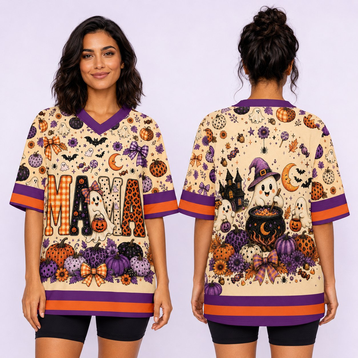 Halloween custom football jersey back view featuring a ghost stirring a cauldron and a haunted house