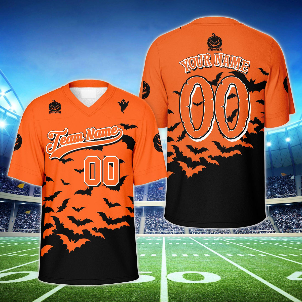 Personalized holiday football jersey in orange with Halloween bat gradient and custom name and number