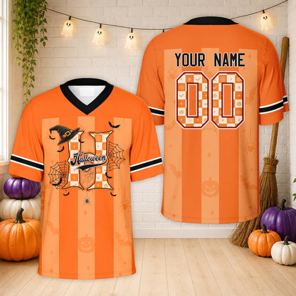 Personalized orange Halloween football jersey with custom name and number, front view