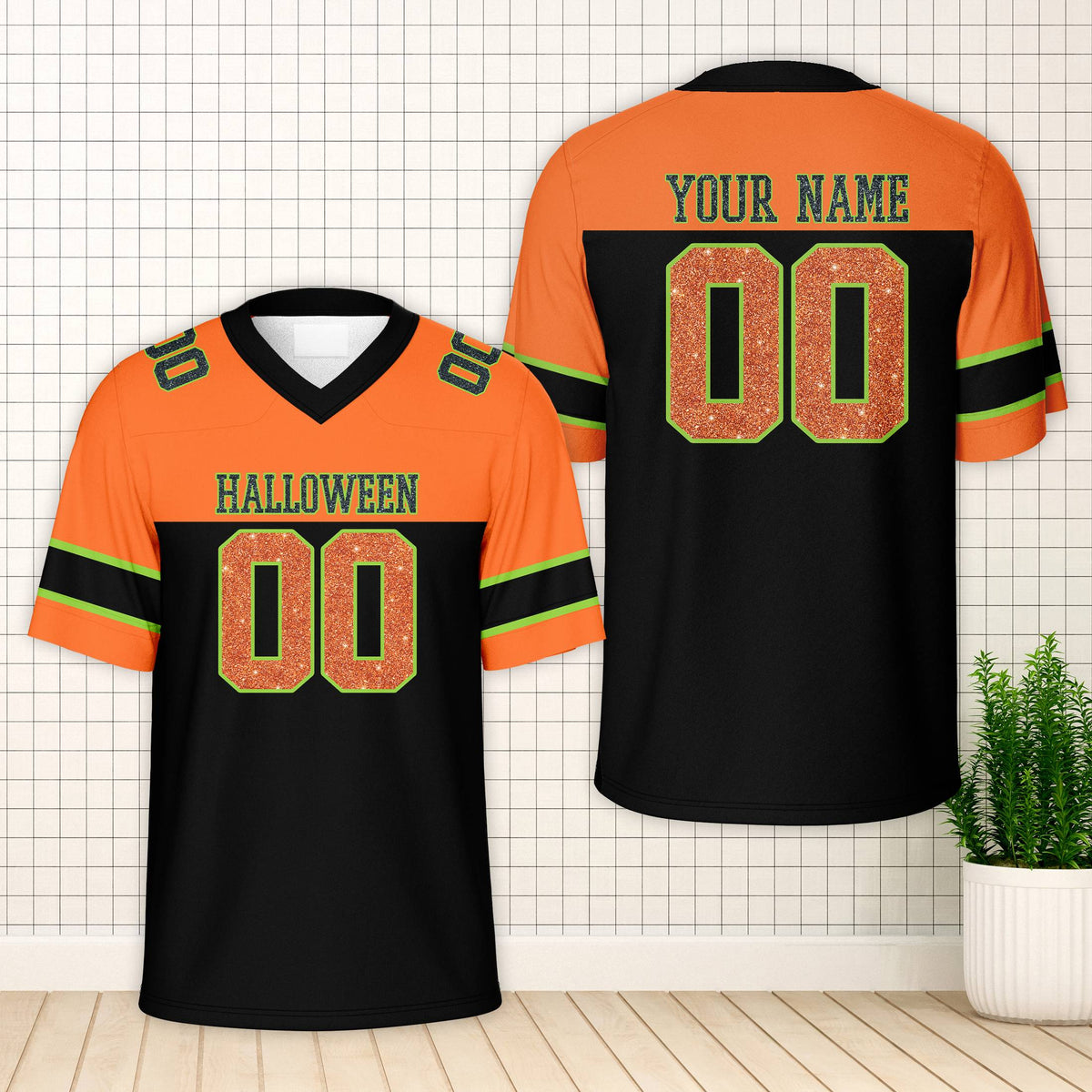 Personalized orange and black halloween football jersey front view