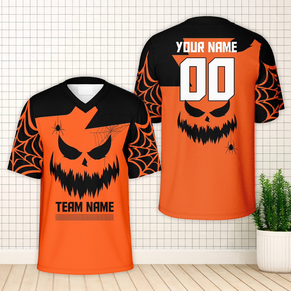 Personalized orange and black football jersey halloween design featuring a jack-o'-lantern face and spiderwebs, front view