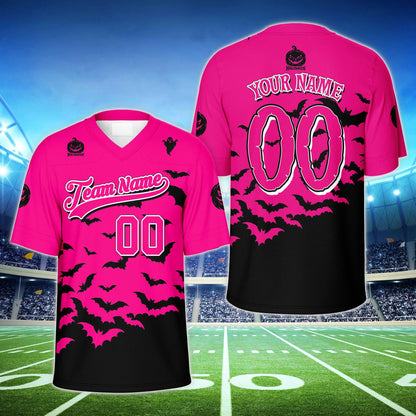 Front view of the personalized holiday football jersey in pink featuring custom name and number