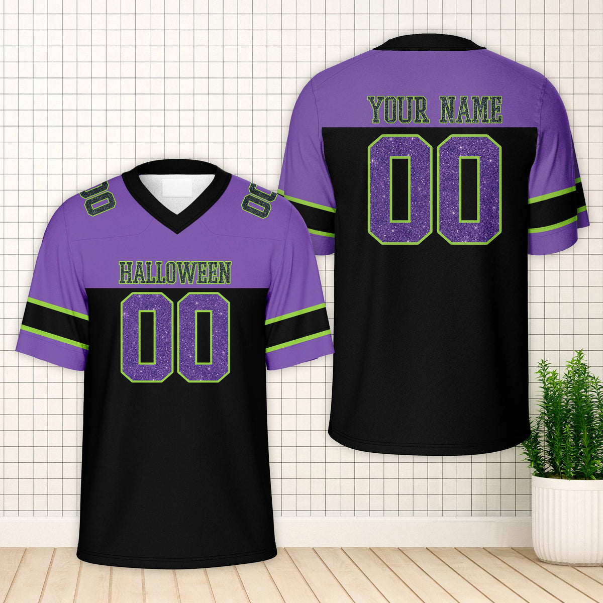 Personalized purple and black halloween football jersey with custom name and number, front view