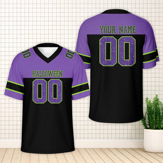 Personalized purple and black halloween football jersey with custom name and number, front view