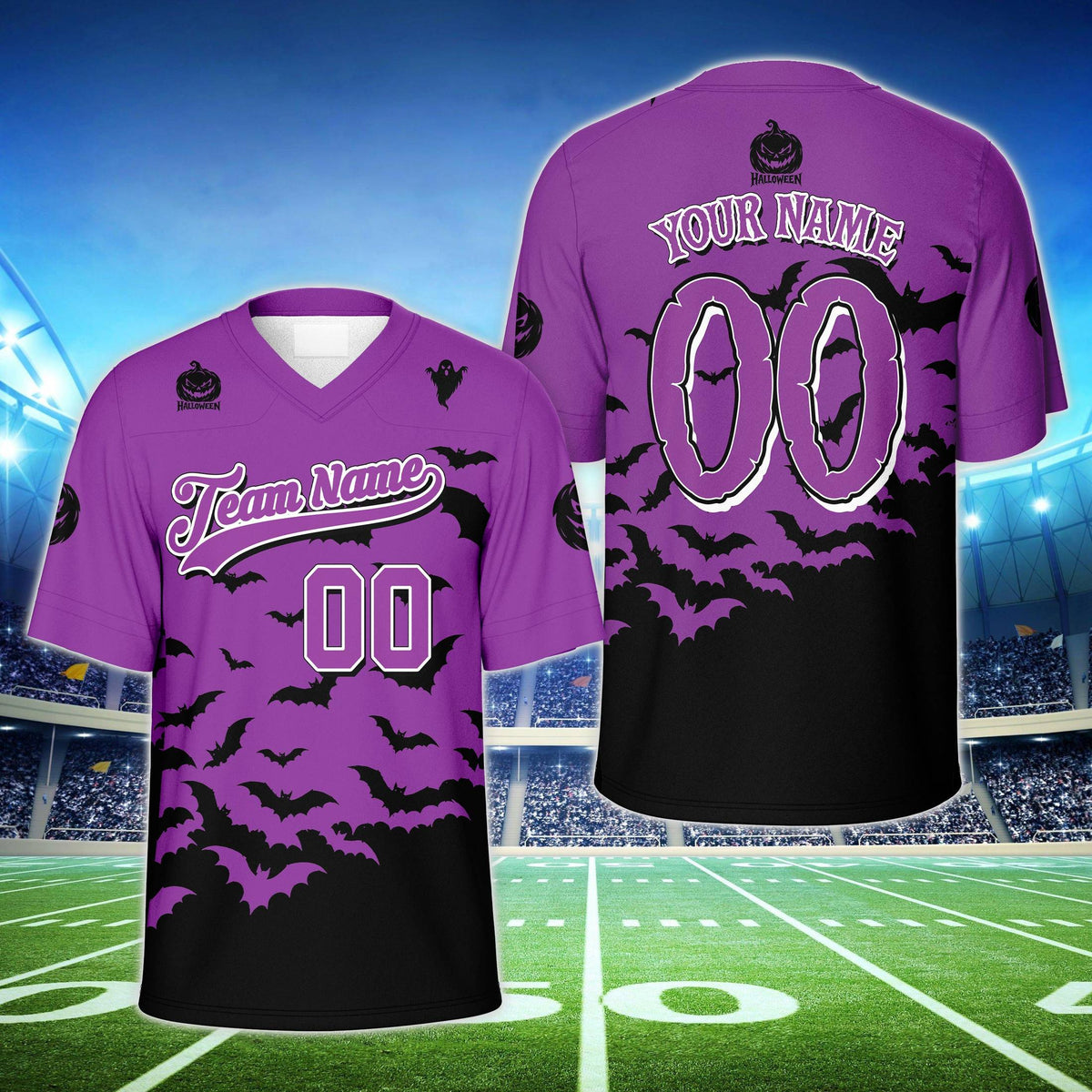 Front view of the personalized holiday football jersey in purple with Halloween graphics