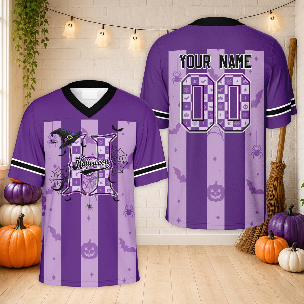 Personalized purple Halloween football jersey with custom name and number, front view