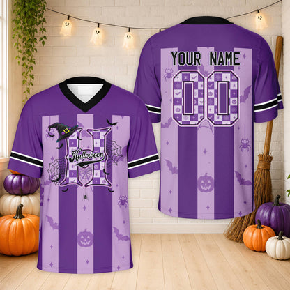 Personalized purple Halloween football jersey with custom name and number, front view