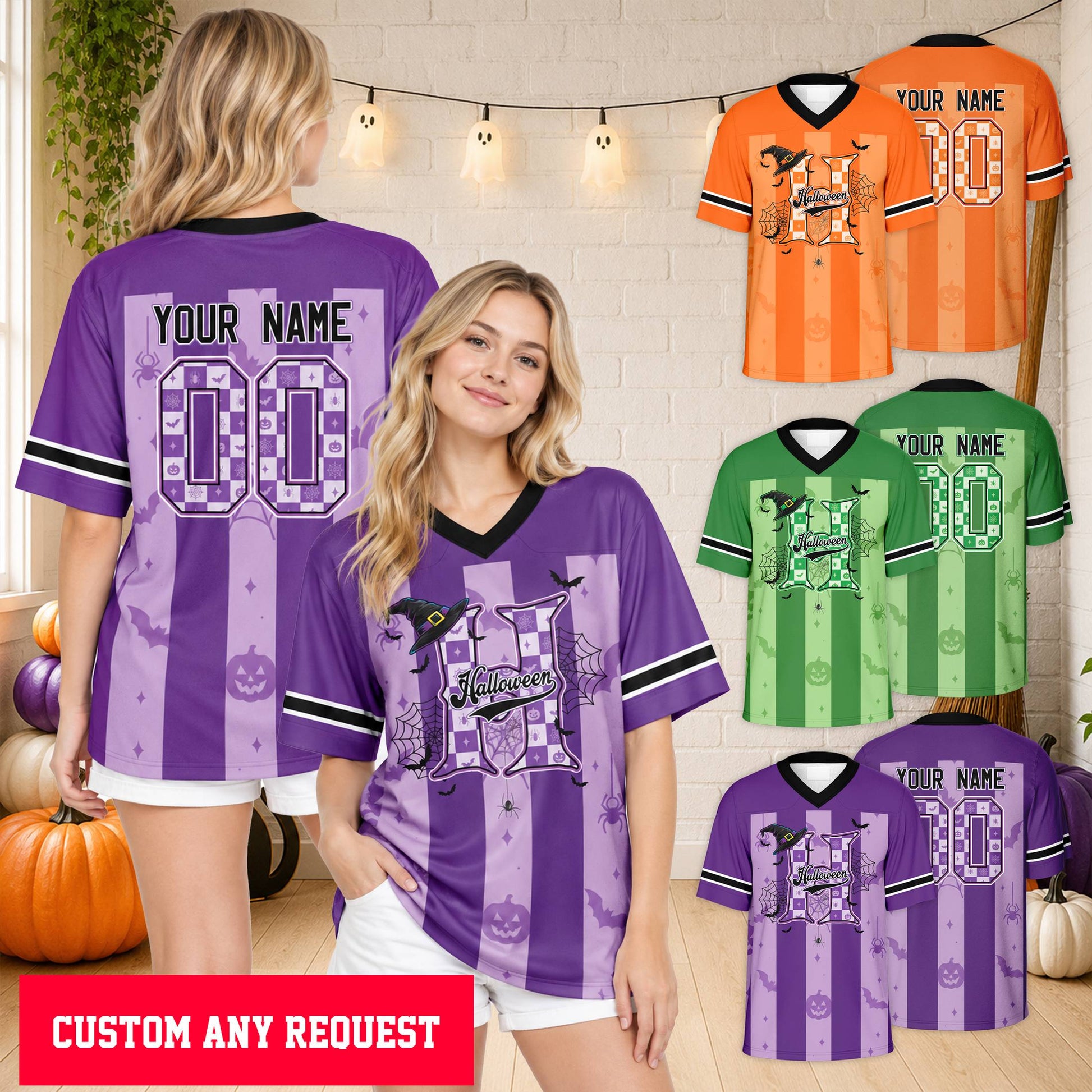 Lifestyle view of a person wearing the personalized purple Halloween football jersey
