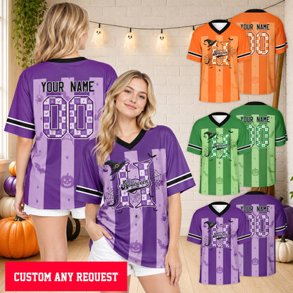 Lifestyle view of a person wearing the personalized purple Halloween football jersey