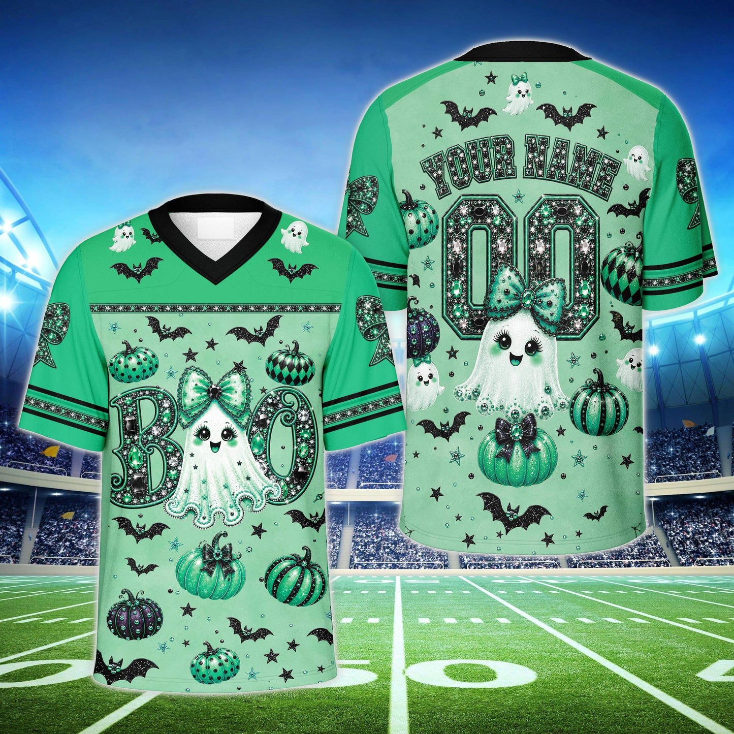 Close up of pink pumpkins and bats on halloween football jersey