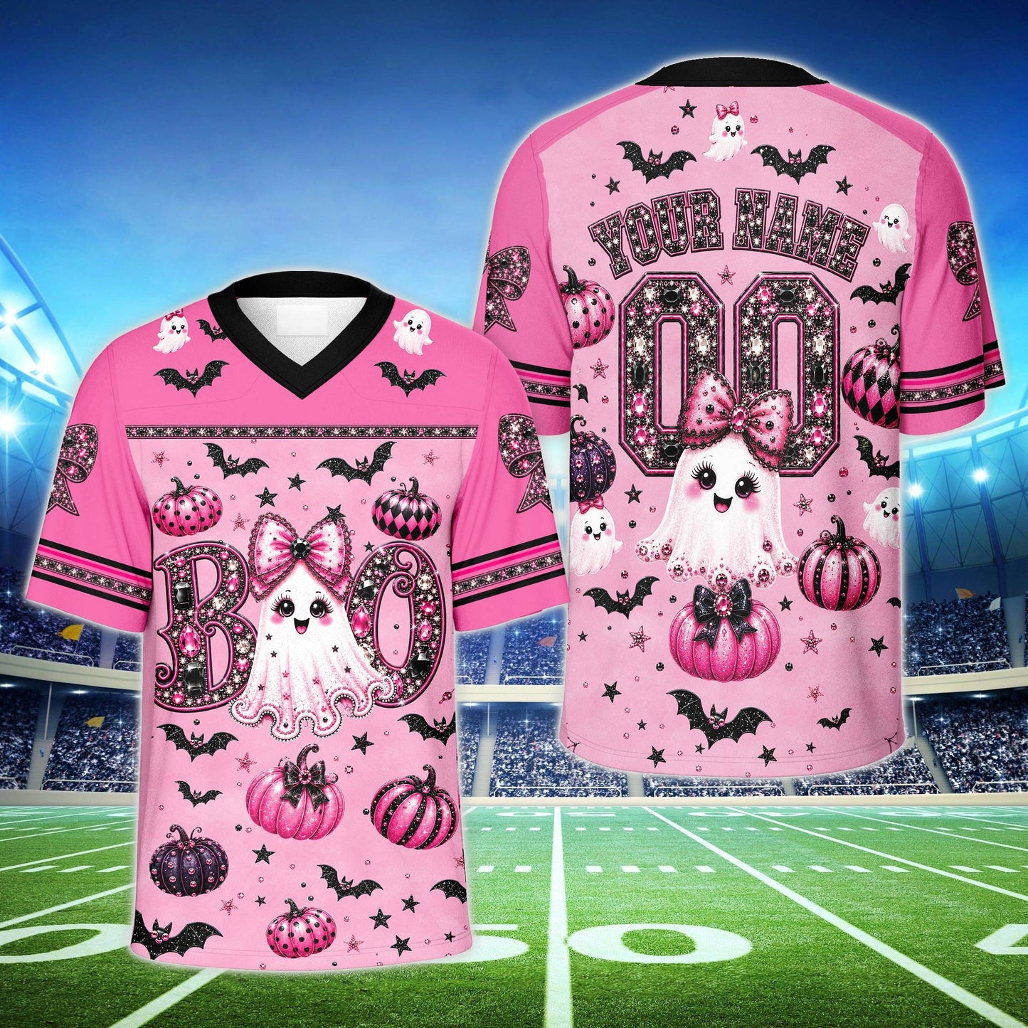 Detail of sparkly pink bow pattern on the custom numbers