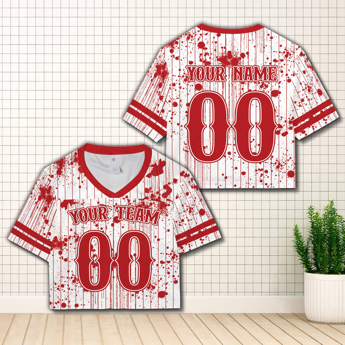 American football jersey halloween with red blood splatter and custom name, main view