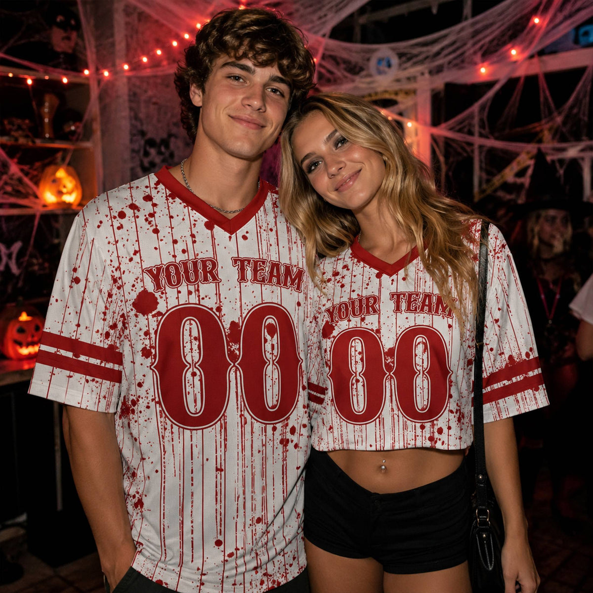 Lifestyle view of adult wearing personalized football jersey with custom name and number