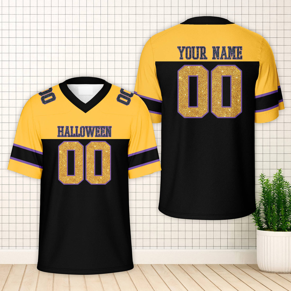 Personalized yellow and black halloween football jersey front view