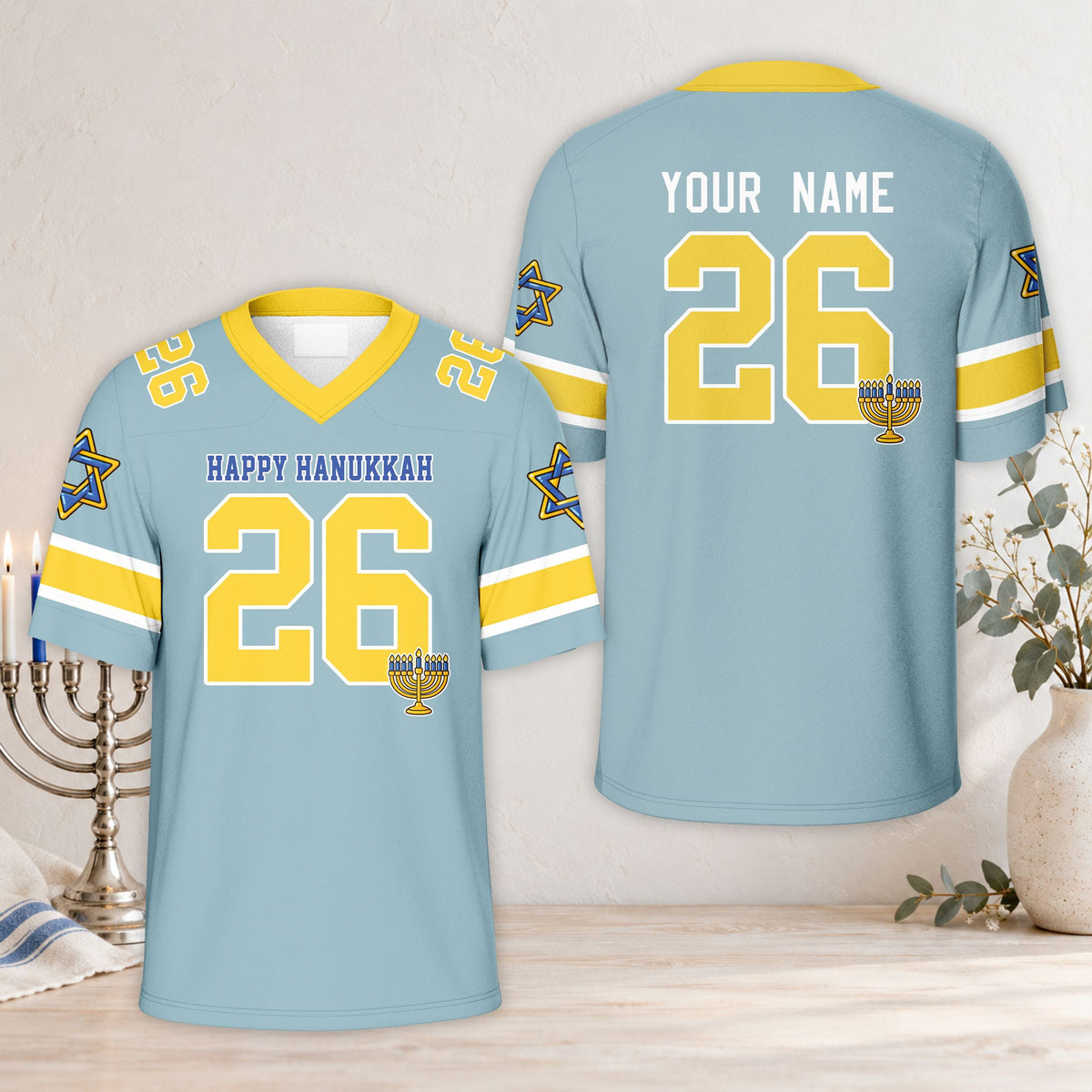 Blue hanukkah football jersey close up of chest graphic