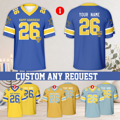 Blue hanukkah football jersey front view showing menorah design