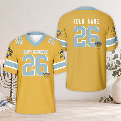 Yellow detail on blue hanukkah football jersey front view
