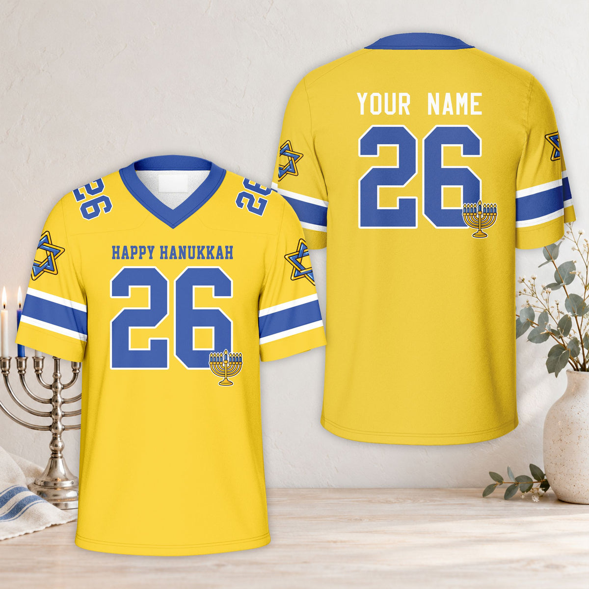 Close up of yellow Star of David pattern on sleeve of blue hanukkah football jersey