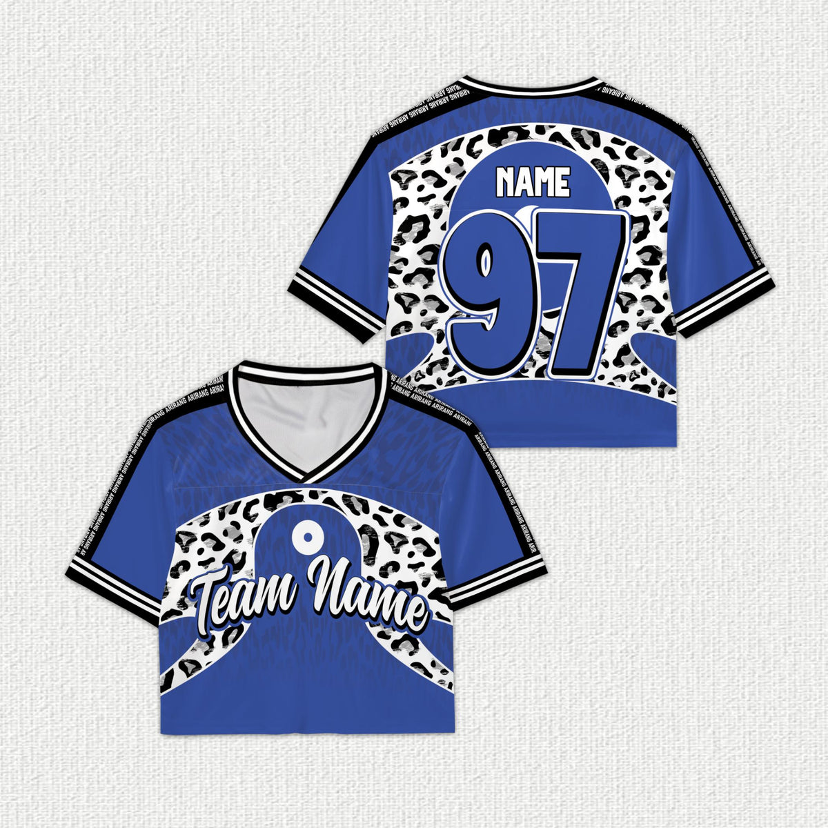 Blue personalized football jersey with leopard print accents, front view