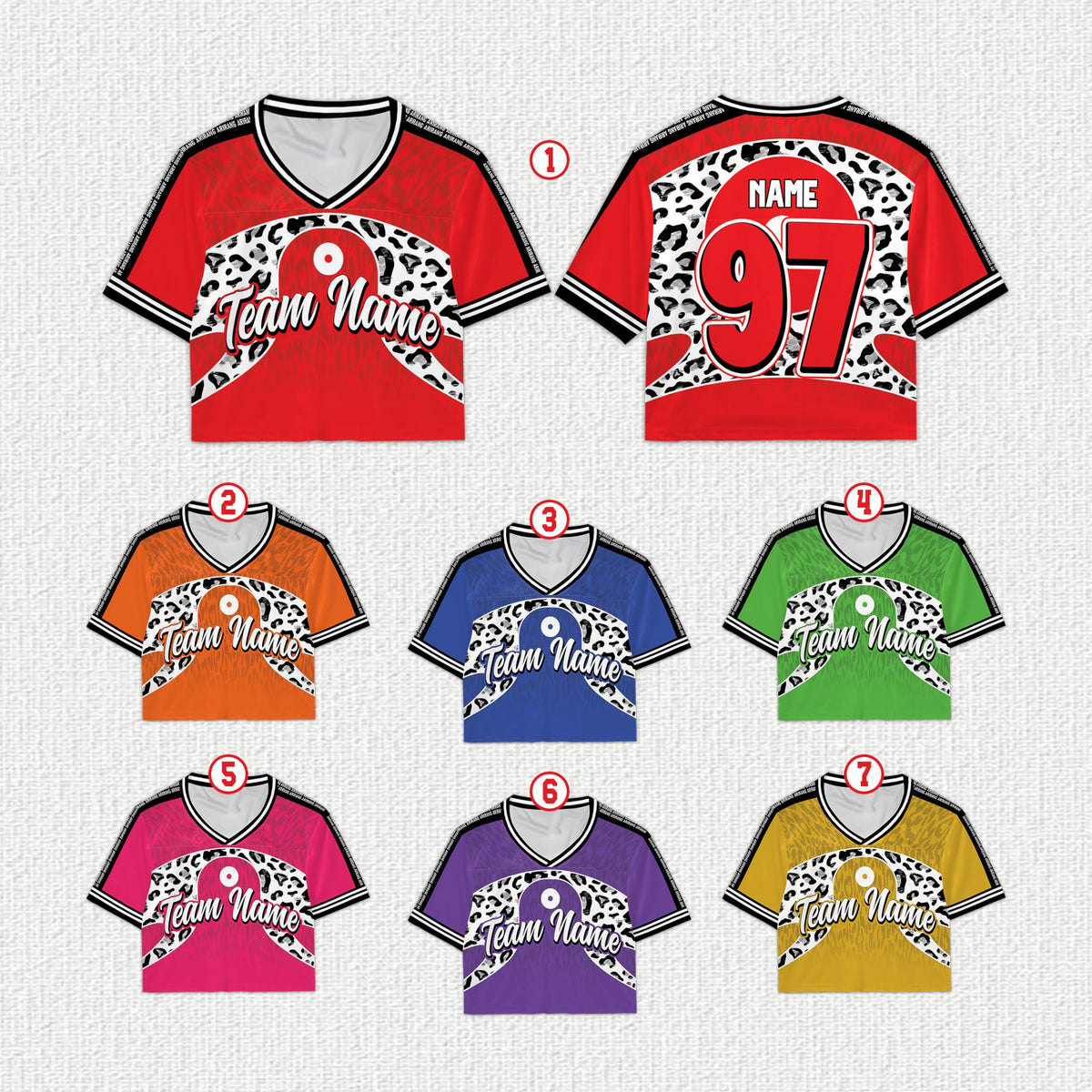 Multicolor personalized football jerseys with leopard print design