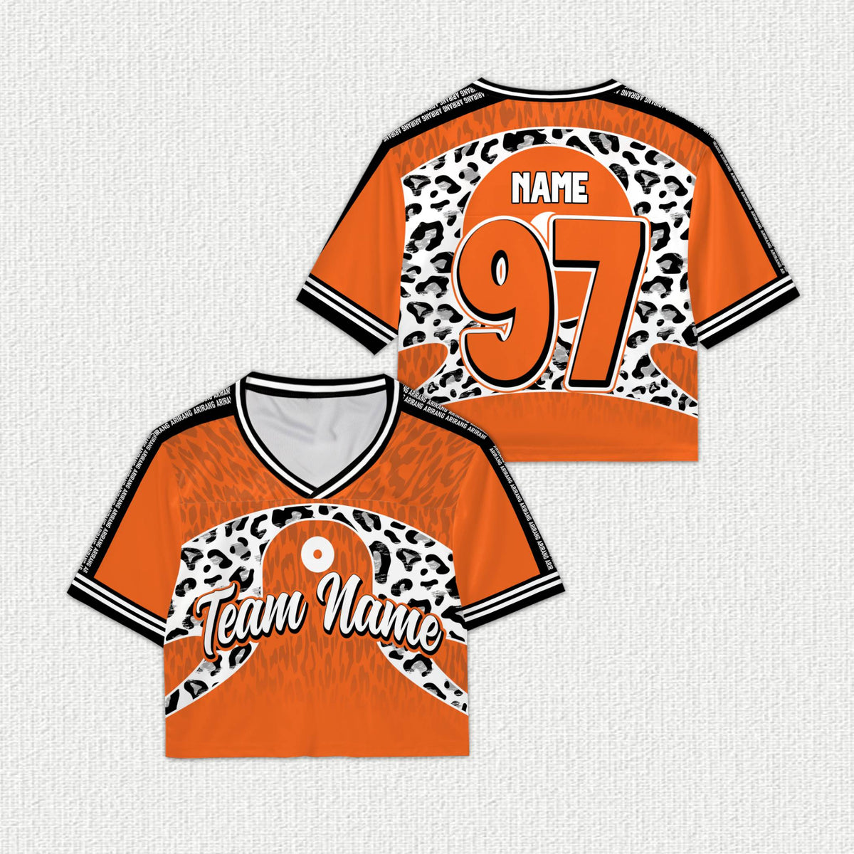 Orange personalized leopard print football jersey with custom name and number, front view