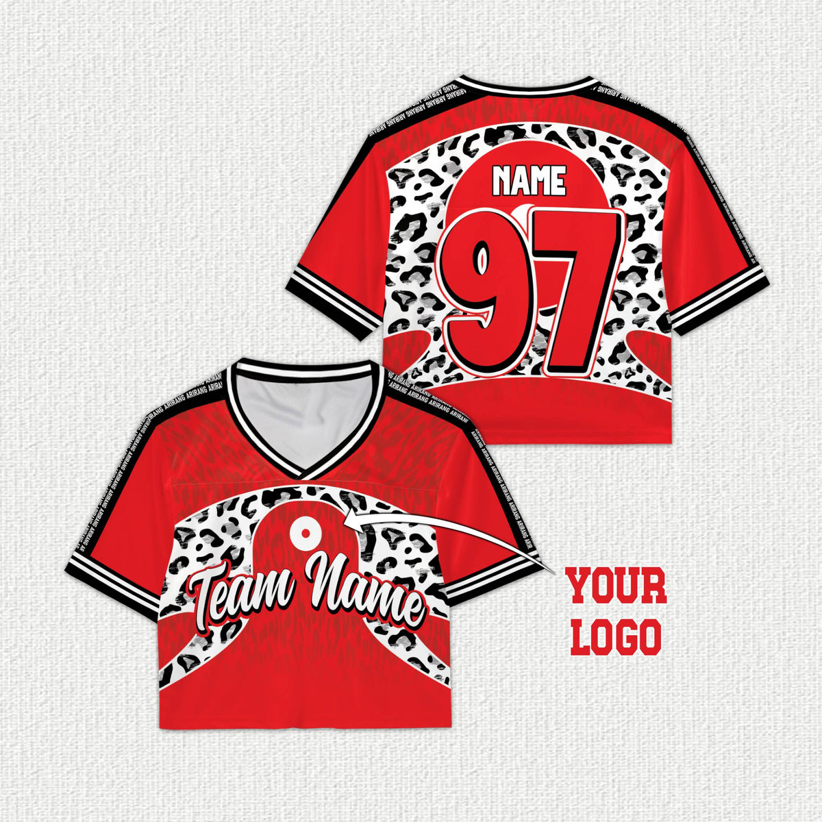 Red custom leopard print football jersey, front view