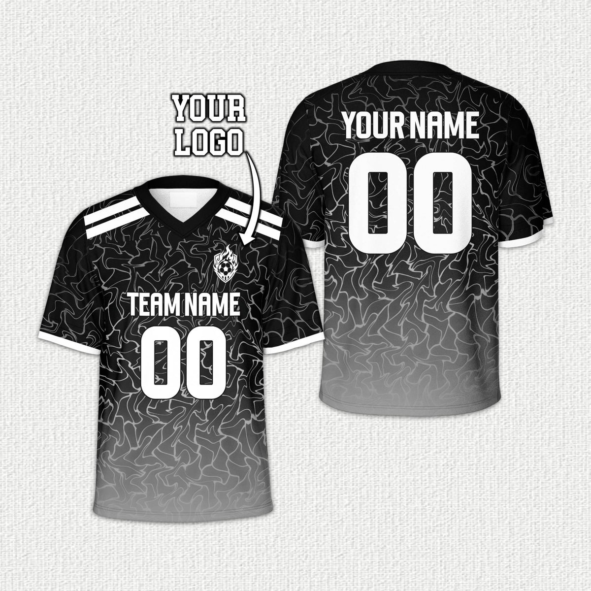 Personalized abstract football jersey in gray with custom name and number, front view