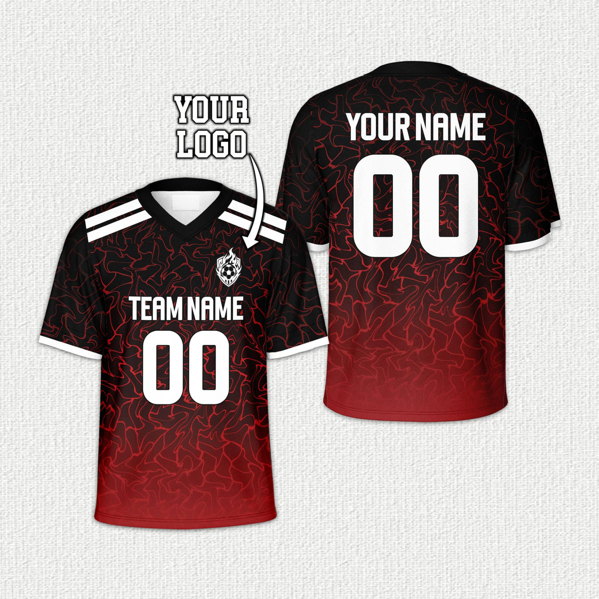 Personalized abstract football jersey in red, front view
