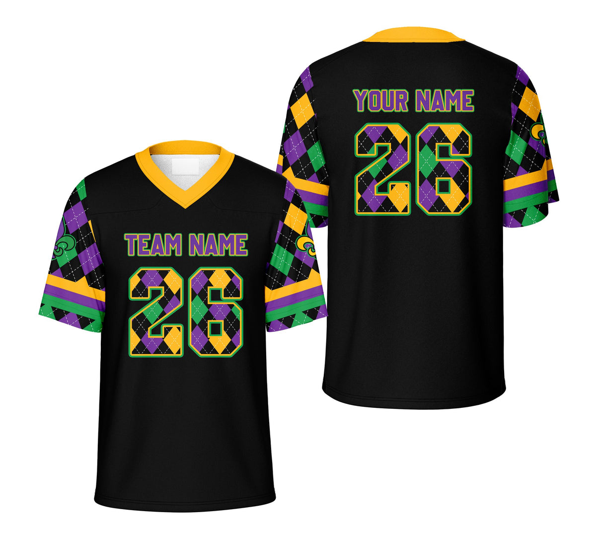 Personalized black mardi gras football jersey with custom name and number on a hanger
