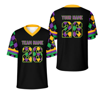Personalized black mardi gras football jersey with custom name and number on a hanger