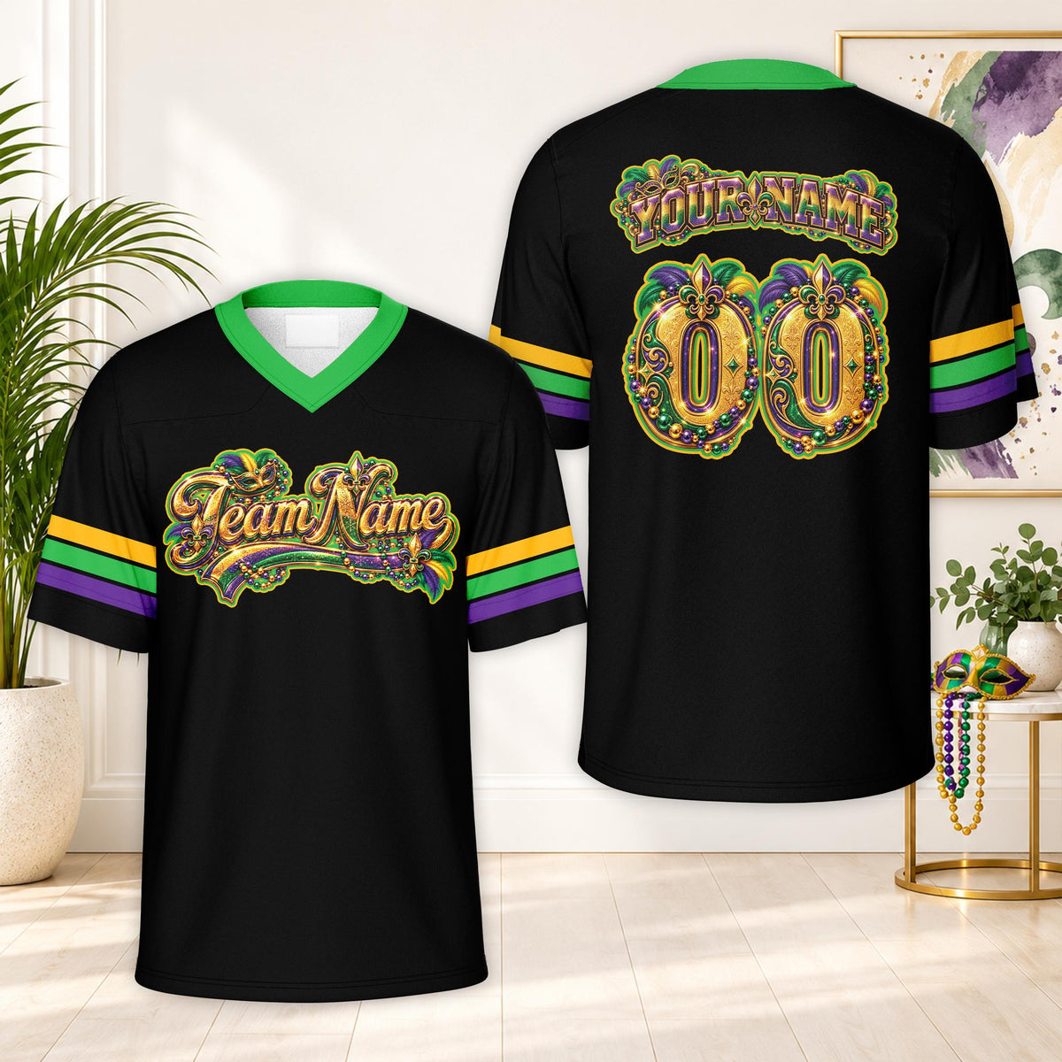 Black personalized football jersey with Mardi Gras masks and beads design, front view