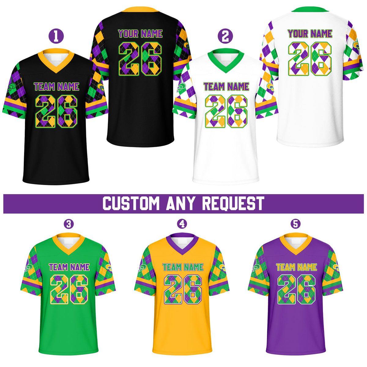 Front view of custom black mardi gras football jersey with green, purple, and gold argyle details