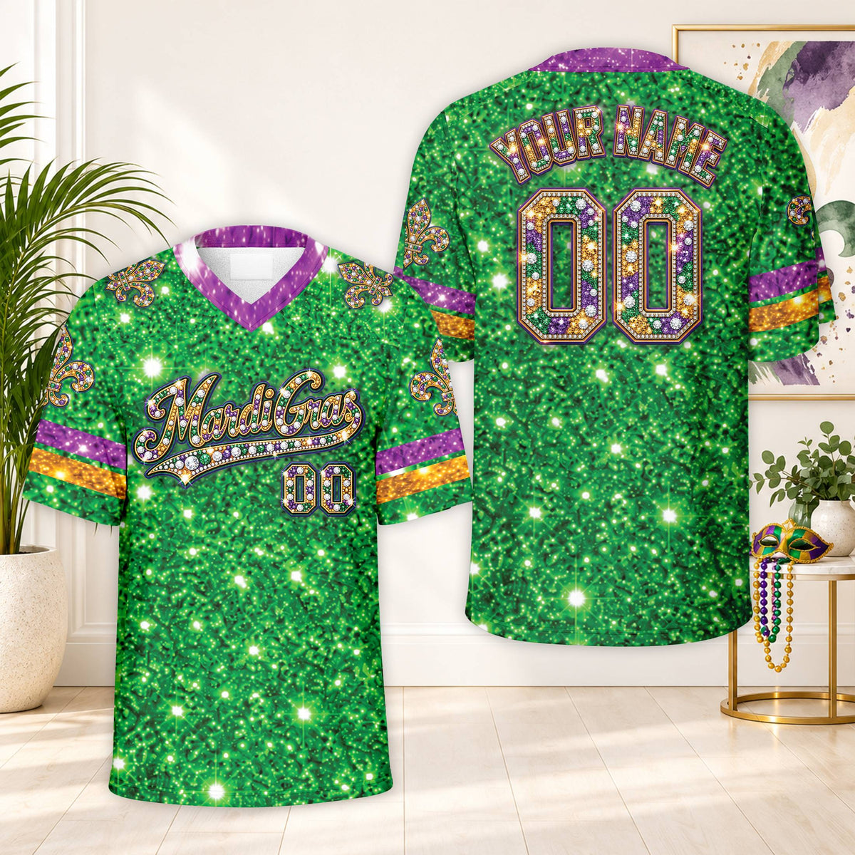 Front view of the green gras football jersey with Mardi Gras text