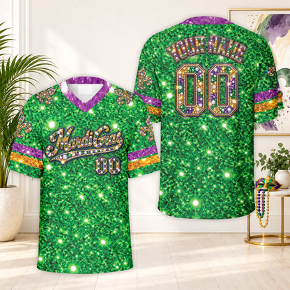 Front view of the green gras football jersey with Mardi Gras text