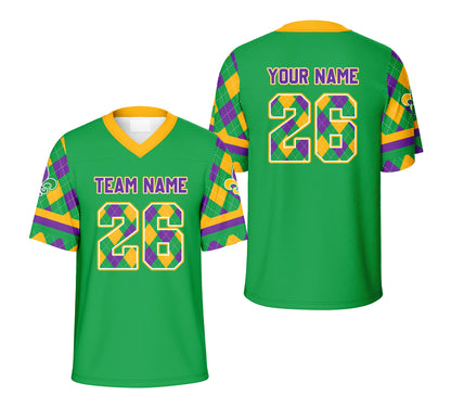Front view of custom green mardi gras football jersey with abstract argyle sleeves