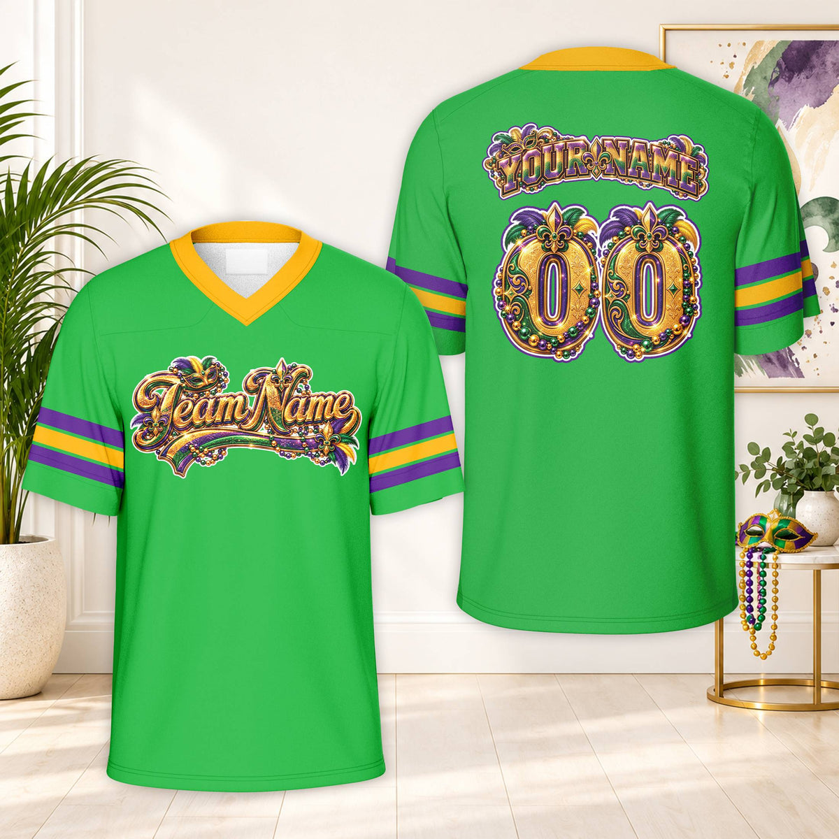 Green custom football jersey showcasing decorative Mardi Gras text, front view