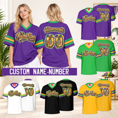 Lifestyle view of an adult wearing the personalized Mardi Gras football jersey