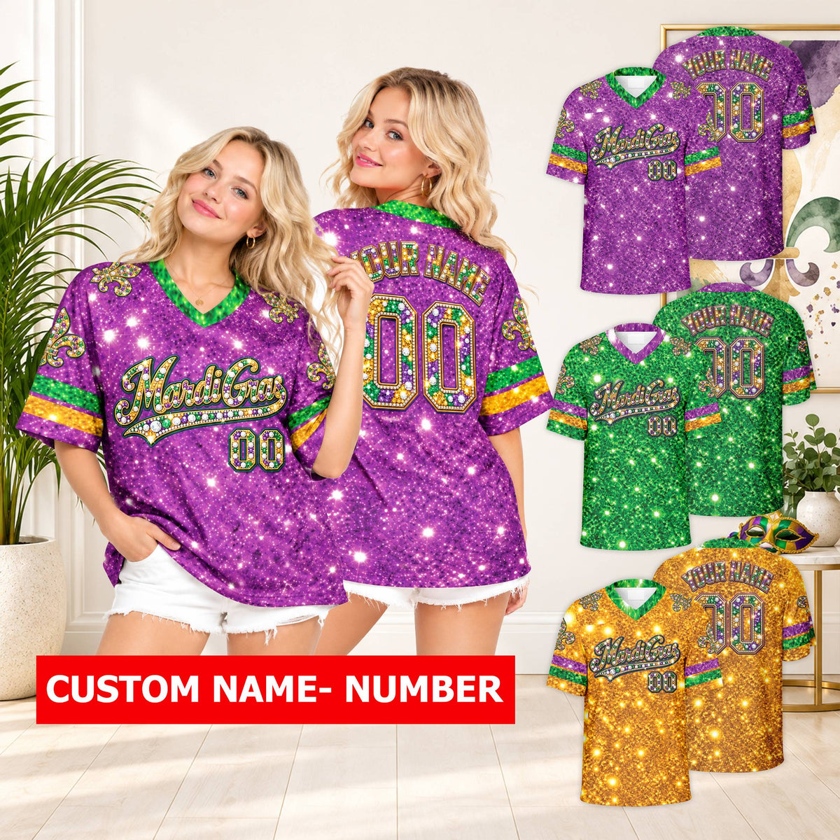Lifestyle view of a person wearing the personalized Mardi Gras football jersey