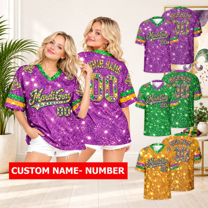 Lifestyle view of a person wearing the personalized Mardi Gras football jersey